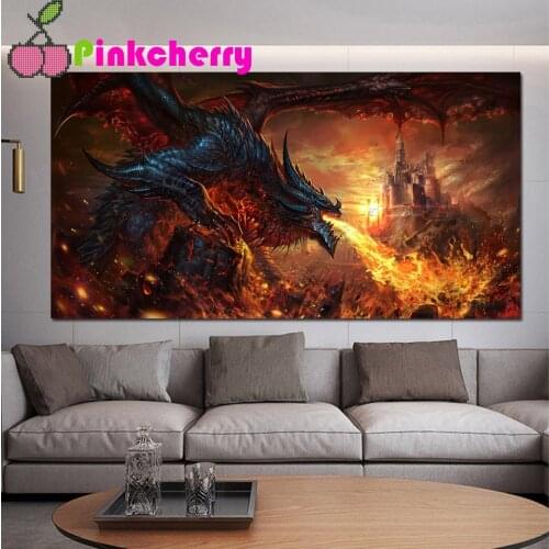 Fierce Fire-Breathing Dragon Picture 5D DIY Diamond Painting Full Diamond Mosaic Embroidery Cross Stitch Kits Castle k1044