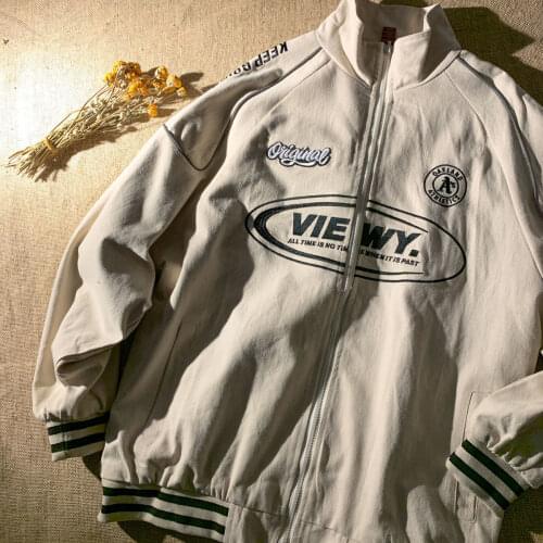 Turtleneck Zipper Letter Print Oversize Jacket Men Women Coat Couples New Baseball Uniform Loose Street Harajuku Long Sleeve Top