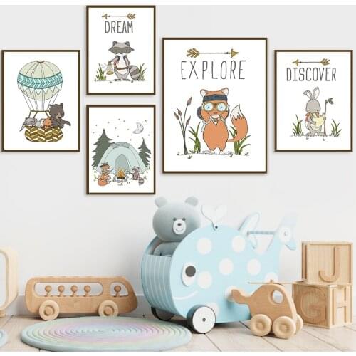 Cartoon Fox Raccoon Bunny Bear Hot Air Balloon Wall Art Canvas Painting Nordic Posters And Prints Wall Pictures Kids Room Decor