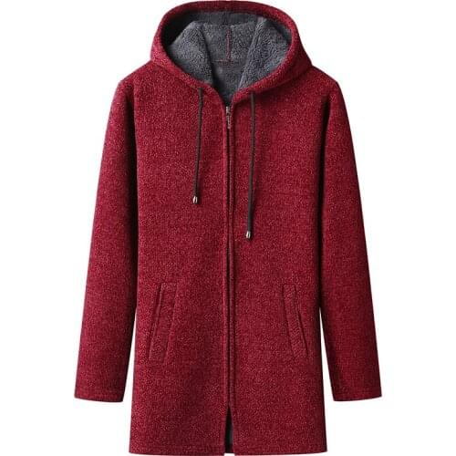 Mens autumn/winter mid-length windbreaker jacket thick fleece wool sweater casual thermal knitwear hooded coat