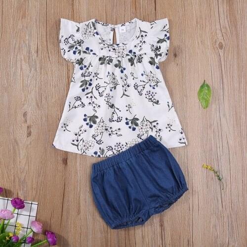 1-5Y Toddler Kids Baby Girl Fly Sleeve Floral Shirt Tops Shorts Bottom 2PCS Outfits Summer Clothes Set