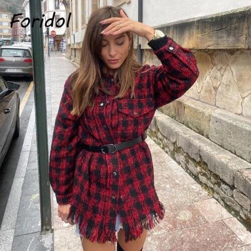 Foridol Tweed Knitted Plaid Tassel Coat Women Jackets Single Breasted Belt Elegant Ladies Checkered Vintage Streetwear Coats
