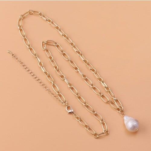 TIMEONLY Fashion Waterdrop Simulated Pearl Shell Pendant Necklaces for Women Hollow Chain Metal Sweater Necklaces Charm Jewelry