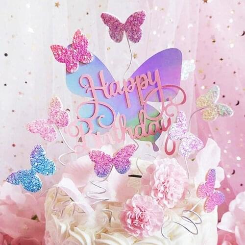 Bling Colourful Laser Butterfly Cake Topper Happy Birthday Cake Decorations Wedding Bride Dessert Party Decor