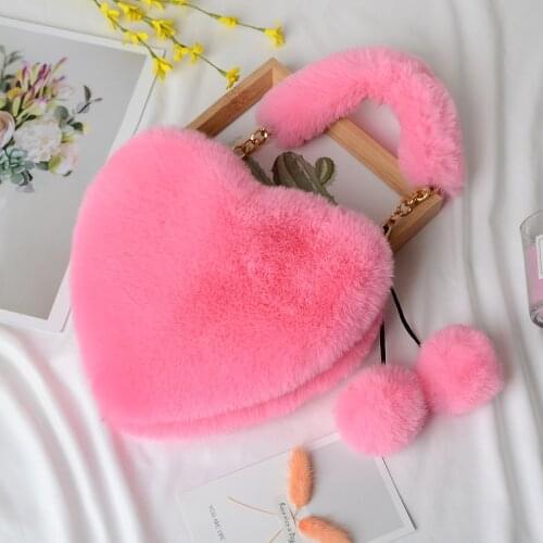 New Faux Fur Heart-shaped Women Small Handbags Fluffy Plush Ladies Chain Shoulder Bag Fashion Female Furry Daily Clutch Purse