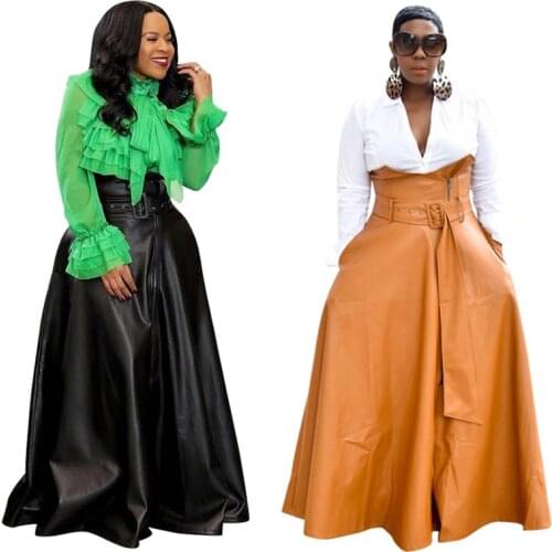 New Fashion High Waist PU Leather Skirts Womens 2020 with Belt Black Brown Long Maxi Faux Leather Skirts Ladies Plus Size S-3XL