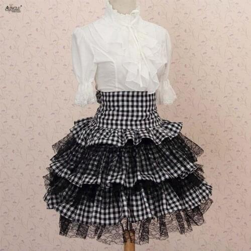 Party Womens Black&White Plaid Polyester Lace High-Waisted Ruffles Classic Cute Princess Lolita Puff Skirts
