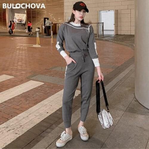 BULOCHOVA 2021 Autumn Winter Womens Suits Casual Pullovers Patchwork Knitted Tops + Full Length 2 Pieces Sets Tracksuit Female