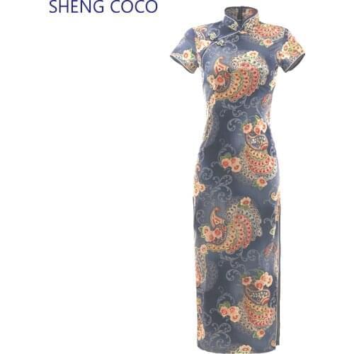 SHENG COCO Ladiese Phoenix Flower Vintage Cheongsam Dresses Satin Qipao Evening Robe Orientale Dress Navy Blue Plus Size Qipao