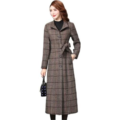 Plaid woolen coat female Autumn Winter New Ladies coats Korea long Cashmere coat Long sleeve Large size clothing for women 1062