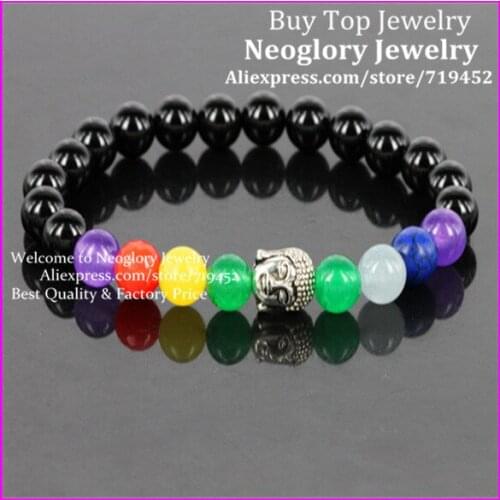 10PCS Fashion Classical Buddha Bracelet Nature 8mm Black Onyx Stone Beads With Mix Color Stone Beads Stretch Bracelet