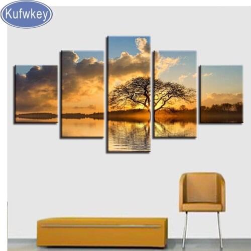Diamond mosaic 5 Panel Sunset Lake Tree Landscape Multi-picture full square Rubiks Cube rhinestones painting embroidery diamond