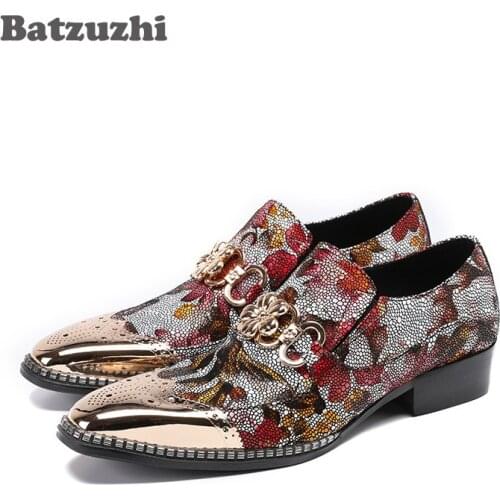 Batzuzhi Brand Itlian Style Men Shoes Rhinestones Men Dress Shoes Gold Metal Toe Leather Shoes Man Designer Party Shoes Wedding