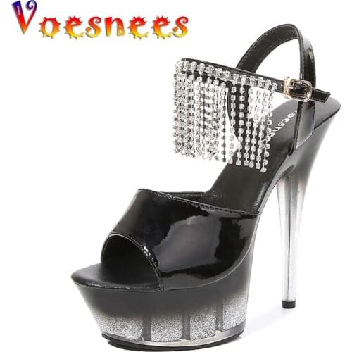 Voeseees Brand Womens shoes Sexy Gladiator Platform Clear Heel Fringe Thin Heels Stripers Dance Sandals Sexy Girls Shoes Paryty