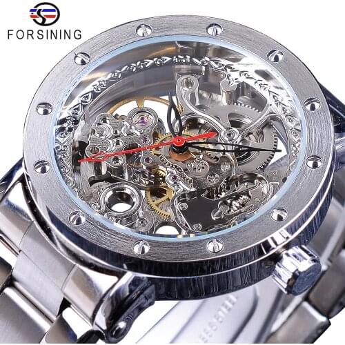 Forsining Silver Skeleton Wristwatches Black Red Pointer Silver Stainless Steel Belt Automatic Watches for Men Transparent Watch