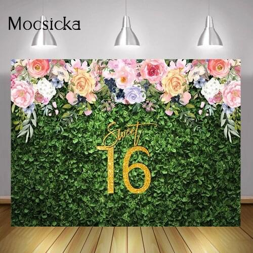 Sweet 16th Birthday Party Backdrop Decorations Girls Floral Birthday Cake Smash Background Green Grass Wall Portrait Photocall