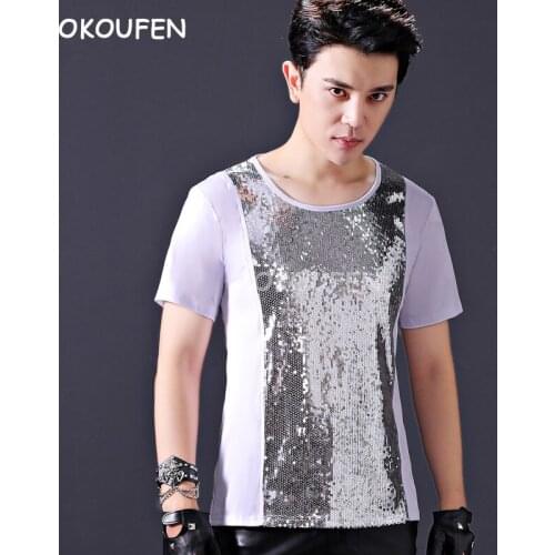 Personality silver sequins T-shirt bar nightclub host performance costume DJ male singer stage performance dance clothes