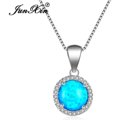 JUNXIN Fashion Female Blue Round Opal Necklaces White Gold Filled Wedding Necklaces & Pendants For Women Love Jewelry