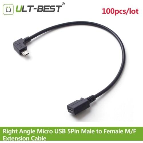 ULT-Best 100pcs/lot 90 Degree Angled Micro USB 5Pin Male to Female M/F Extension Cable data sync Extender cabo Cord 28CM