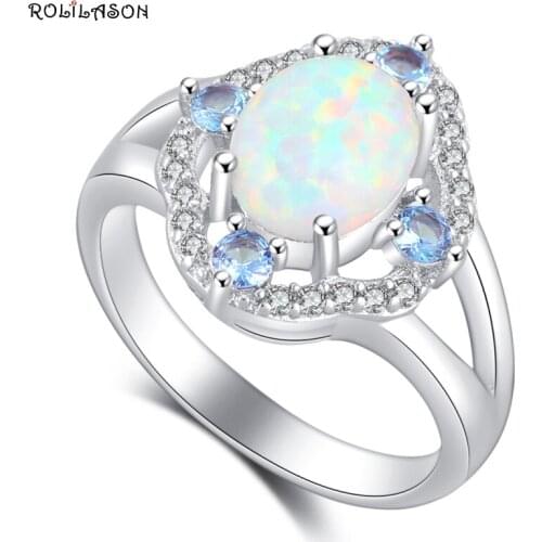 ROLILASON Nobby Blue Zircon White Fire Opal silver plated Ring Fashion Jewelry High Quality Ring USA size #6#7#8#9#10 OR863