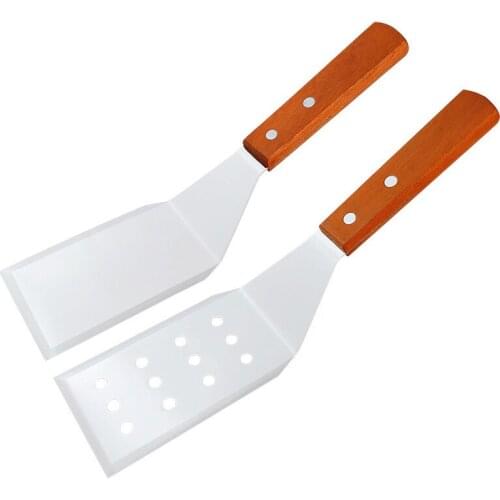 Kitchen Spatula With Wooden Handle Cream Scraper Stainless Steel Fried Shovel Spatula Pizza Frying Fish Meat Shovel For Kitchen