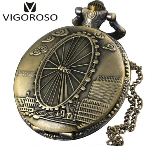 Men Quartz Pocket Watch Women Ferris Wheel Pattern Fob Watch Vintage Style Bronze Pendant Gifts Clock With Long Chain