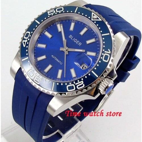 40mm BLIGER mechanical watch men waterproof steel luminous blue dial ceramic bezel 21 jewels MIYOTA Auto rubber bracelet 204
