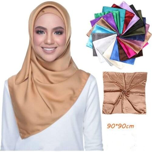 Solid Color Satin Square Scarves Women Muslim Hijab Headscarf Faux Silk Handkerchief foulard femme musulman Headband 90X90CM