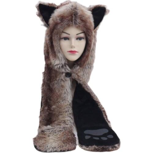 New Fashion Imitation Fur Hat Man &Women Winter Plush Cartoon Animal Hat Scarf Gloves One Cap