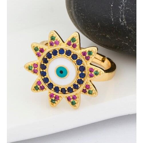 New Trendy Flower Design Evil Eye Adjustable Rings For Women AAA Rainbow Zircon Elegant Crystal Ring Female Wedding Jewelry Gift