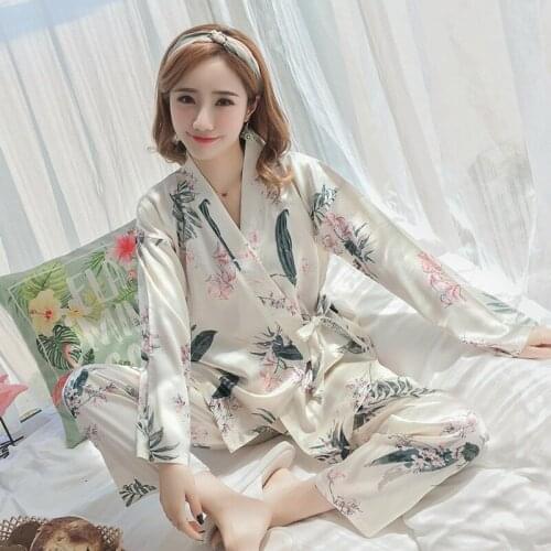 2020 Autumn Silk Satin Long Sleeve Kimono Pajama Sets for Women Print Sleepwear Suit Pyjamas Homewear Pijama Mujer Home Clothes