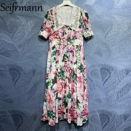 Seifrmann New 2021 Summer Women Fashion Designer Party Long Dress Lantern Sleeve Gorgeous Lace Beading Floral Print Ladies Dress