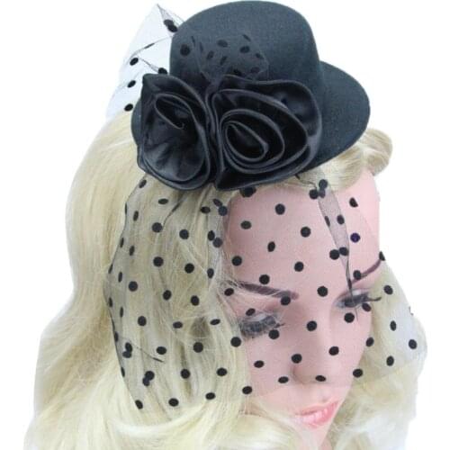 Women Baby Girls Fascinator Flower Top Hat Mesh Wave Point Veil Hair Clips Bridal Party Barrettes Cocktail Elegant Hair Clips