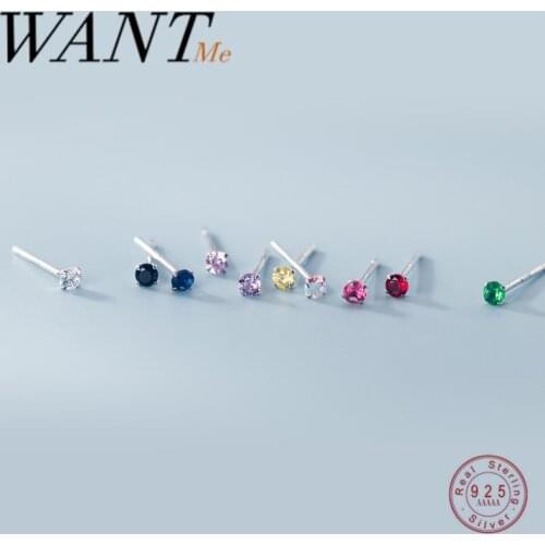 WANTME Genuine 925 Sterling Silver Mini Round Color Zircon Small Stud Earrings for Fashion Women Student Teen Daily Jewelry Gift