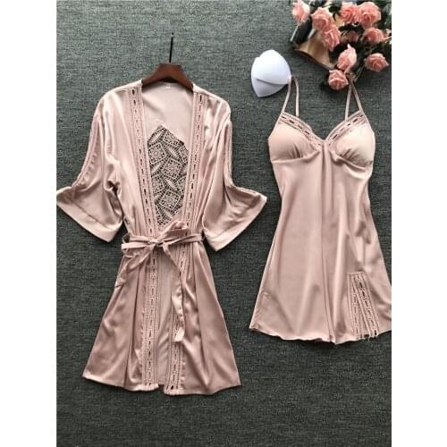 2019 Women Robe & Gown Sets Sexy Lace Sleep Lounge Pijama Long Sleeve Ladies Nightwear Bathrobe Night Dress With Chest Pads