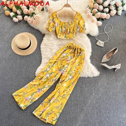 ALPHALMODA Holiday Floral Suit 2021 New Womens Crop Top Pants 2pcs Casual Set Cropped Blouse Top Wide Leg Trousers Set