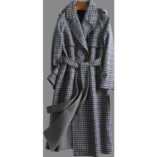 100% Woolen Fall Clothes For Women Belt Double Sided Long Coats Elegant Korean Coat Fashion Plaid Abrigos Mujer Invierno 2021