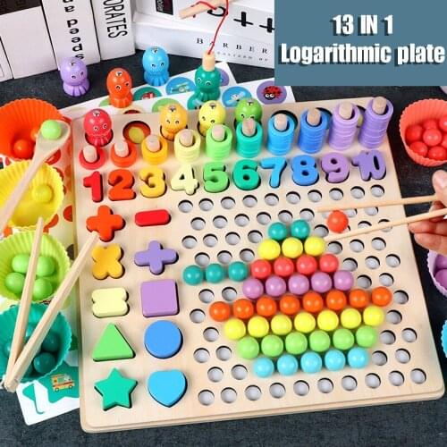 13 In 1 Clip Beads Wooden Toy Fishing Log Board Childrens Fine Training Multi-function Hand-eye Coordination Toy