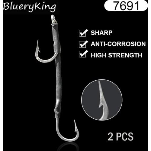 BlueKim 2 Pc 7691 Large Double Shark Assist Hooks Stainless Steel Shark Rigs Double Fish Hooks Cover Tube Saltwater Fish Hook