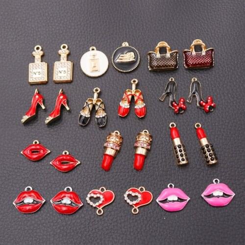 6pcs Enamel Makeup Metal Jewelry Pendant, Lipstick Charm, Perfume Charm, Red Lips Charm, Dance Shoes Charm, High Heel Charm