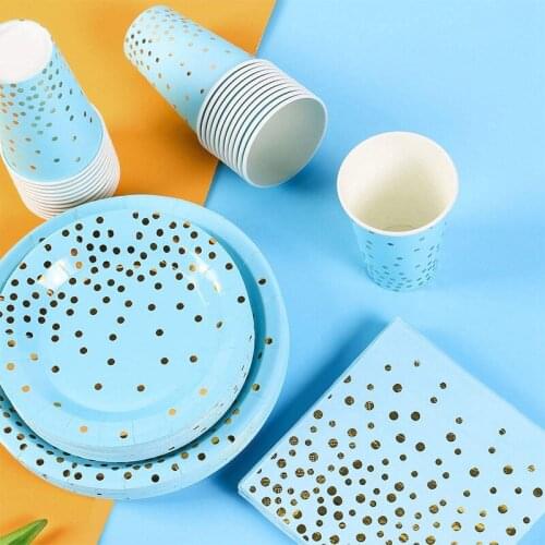 75pcs/lot Blue bronzing polka dot tableware paper plate cup for baby party set paper plate paper cup tableware party decoration