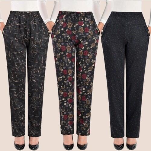 Middle Aged and Old Women Spring Autumn New Casual Printed Elastic High Waist Pants Female Elegant Thin Straight Trousers A245
