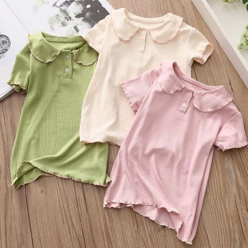 Kids Short Sleeve T-shirts 2021 New Summer Baby Girls Doll Collar Cotton Cute T Shirts Casual Loose Solid Tops for Girls 2-8 Y
