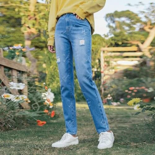 INMAN 2021 Spring Autumn New Arrivals Womens Ripped Jeans Personalized Fashion Thin Jacquard Pants Straight Pants