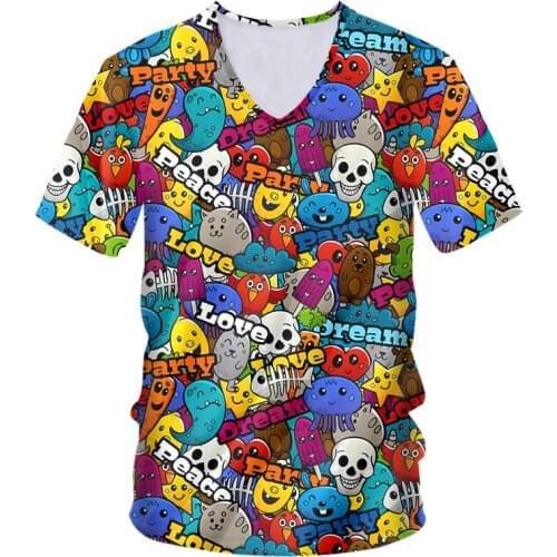 OGKB Mens 3D V Neck T Shirt Funny Casual Graffiti Print Hip Hop Street Style Short Sleeve Shirt Women Streetwear Dropshipping