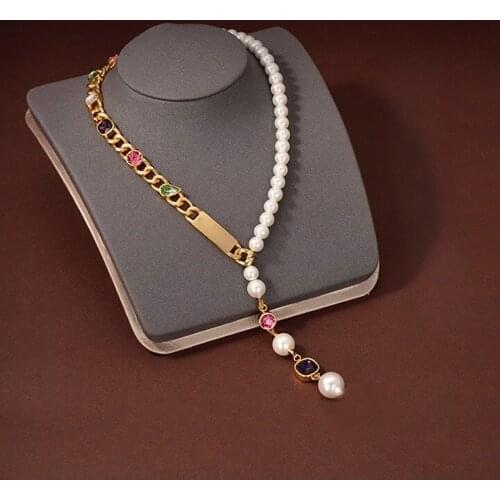 Famous brand womens fashion jewelry European vintage gold sweater chain color crystal pearl necklace popular luxury girl gift