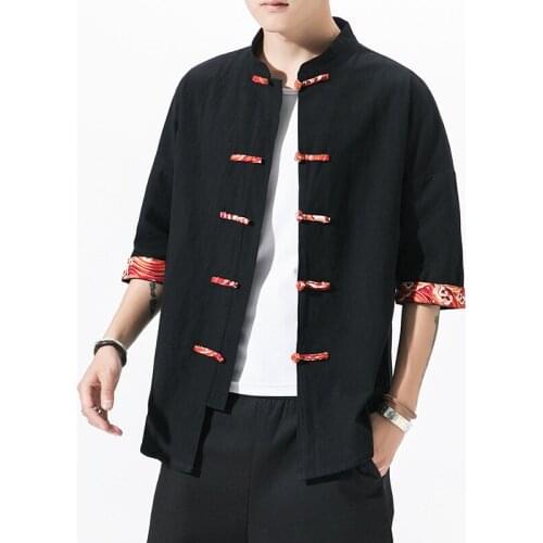 Mens Cardigan Summer Chinese Retro Style Traditional Tang Suits Fashion Vintage 3/4 Sleeve Solid Color Loose Cotton Linen Tops