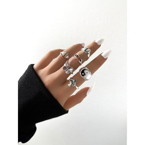 Stillgirl 6Pcs Punk Tai Chi Mushroom Rings for Women Trendy Butterfly Heart Geometric Anillos Unisex Couple Gift Fashion Jewelry