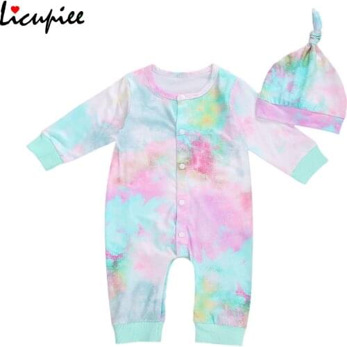 7 Colors Infant Long Sleeve Jumpsuit, Spring Autumn Baby Boys Girls Dyeing Print O-neck Romper + Casual Cap Set 0-12 Months