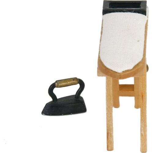 1:12 Dollhouse Miniature Wooden Ironing Board Table with Vintage Metal Iron Furniture